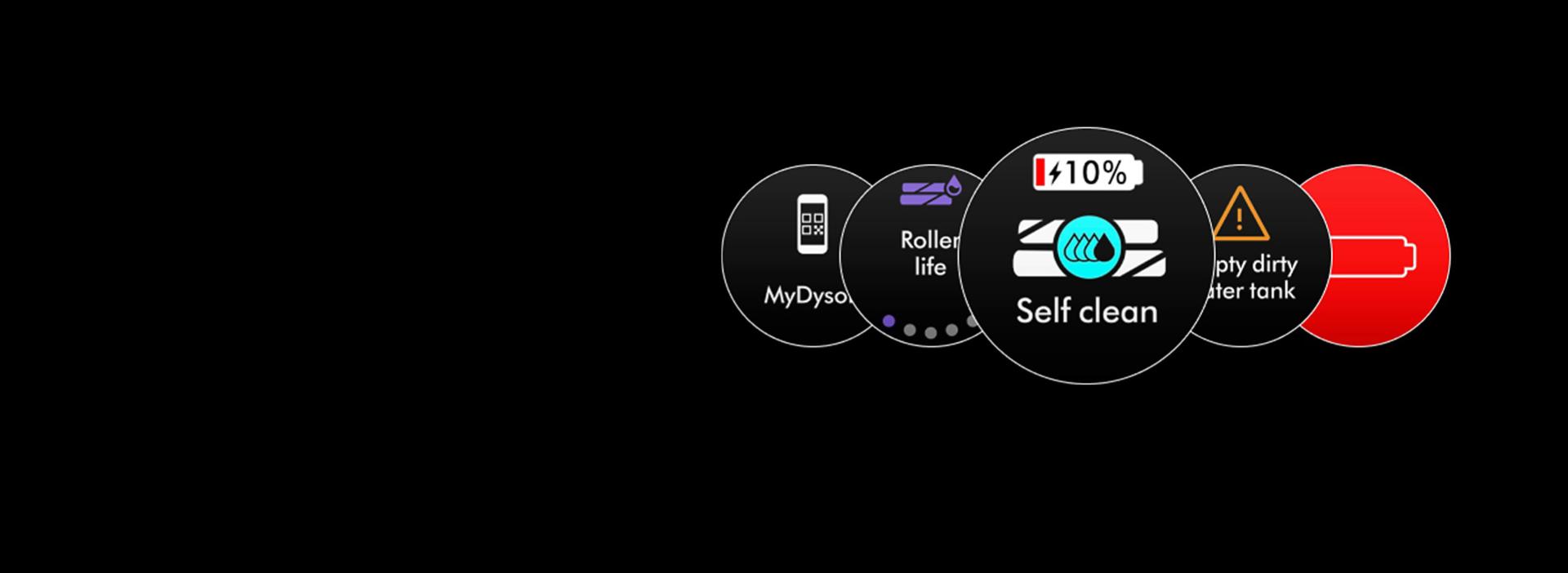 Įspėjimo apie savaiminį valymą piktograma „Dyson WashG1“ LCD ekrane.