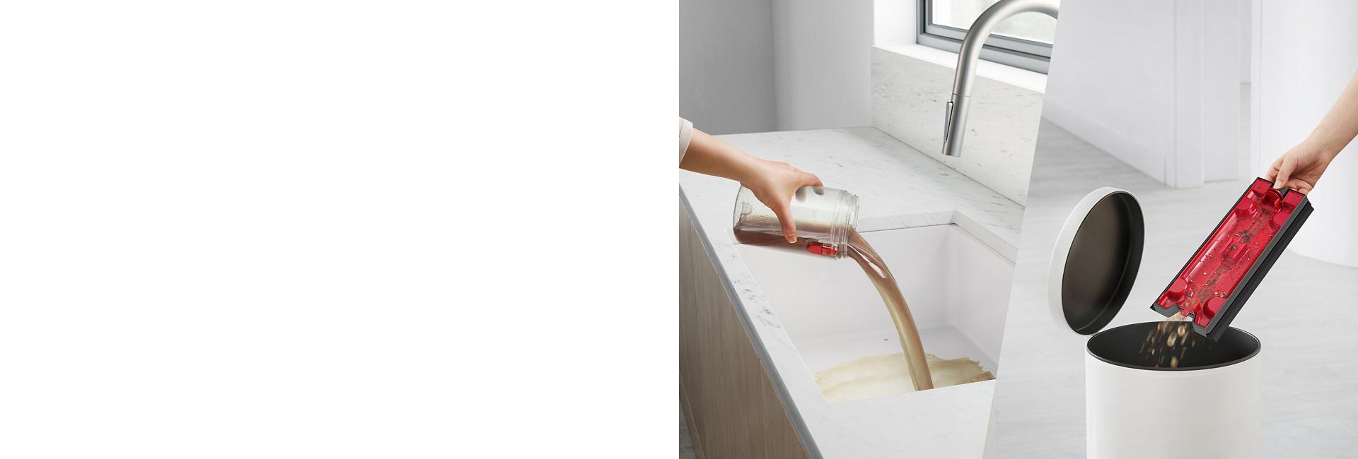 Naudotojas ištuština nešvaraus vandens talpyklą į kriauklę, o šiukšlių talpyklos turinį – į šiukšliadėžę