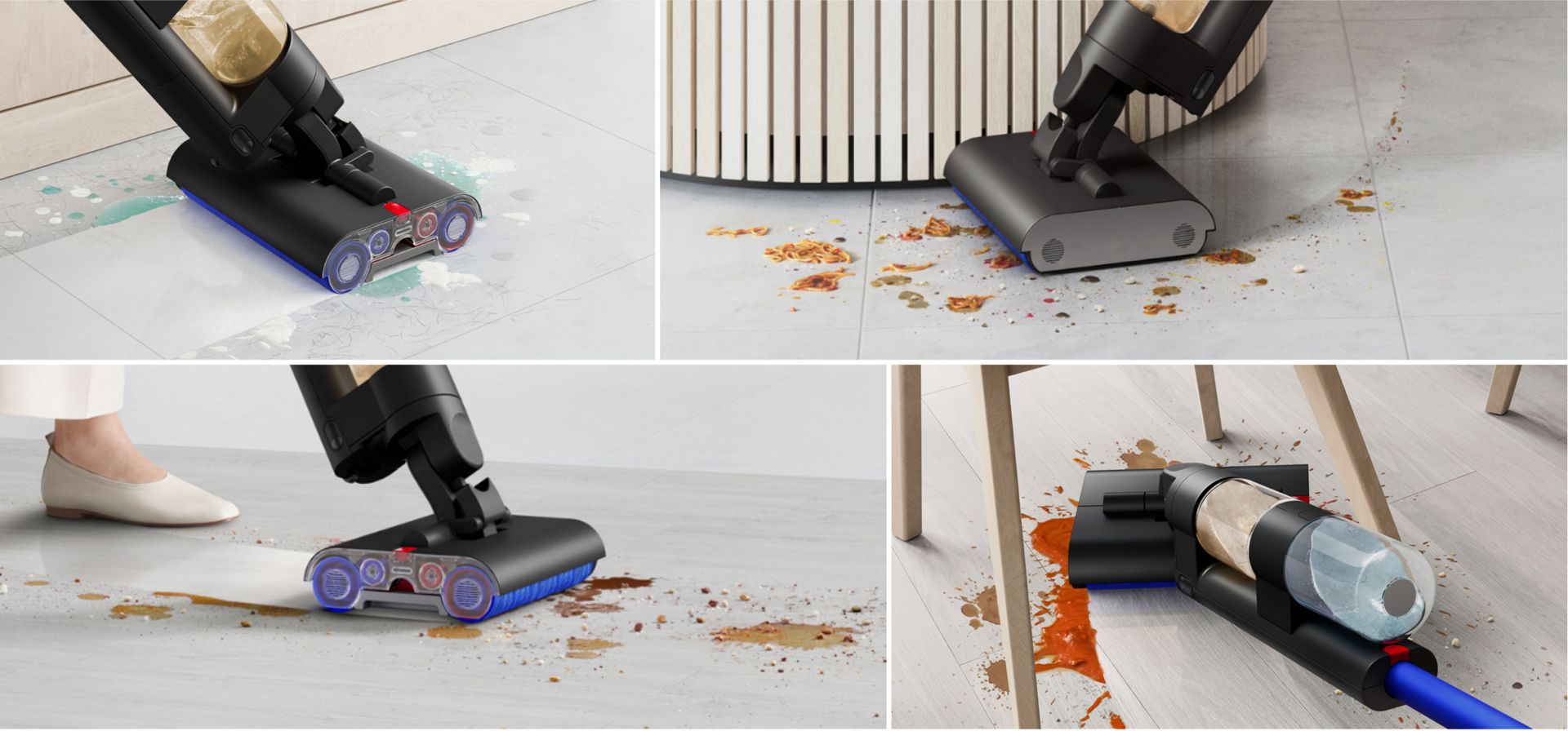 Four different applications for the Dyson WashG1 –  cleaning spills and tough stains on kitchen, bathroom, hall and dining area floors