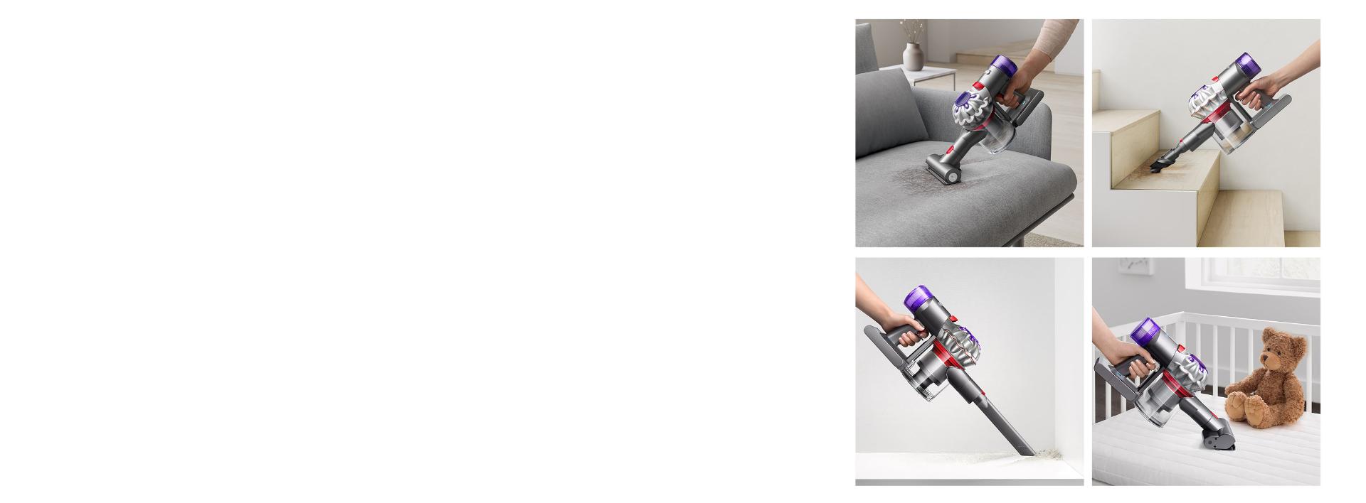 A Dyson Car+Boat vacuum cleaner is used in four different environments, making use of specialised tools.