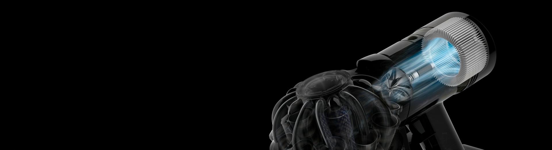 Cutaway graphic showing the powerful motor within the Dyson Car+Boat vacuum cleaner.