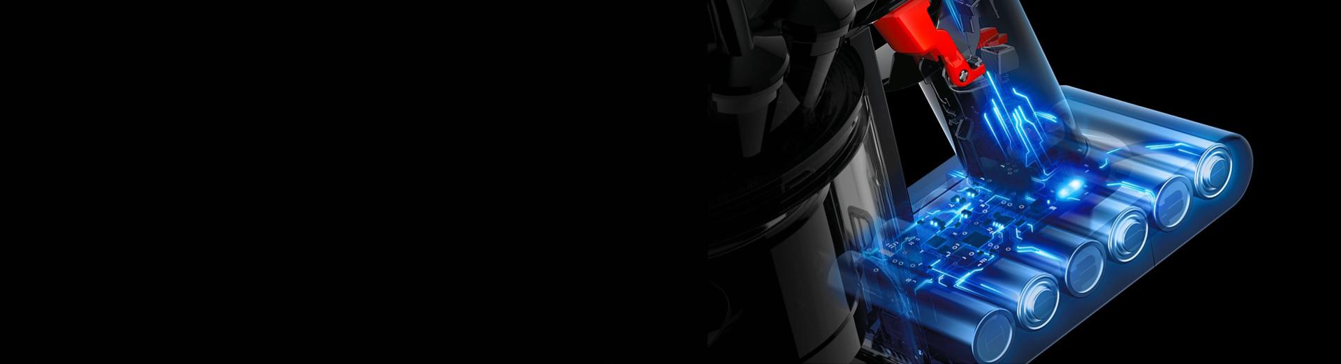 Cutaway graphic showing the battery cells within the handle of the Dyson Car+Boat vacuum cleaner.