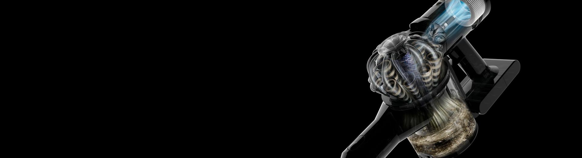 Cutaway graphics showing how the fully sealed design of the Dyson Car+Boat vacuum captures microscopic particles.