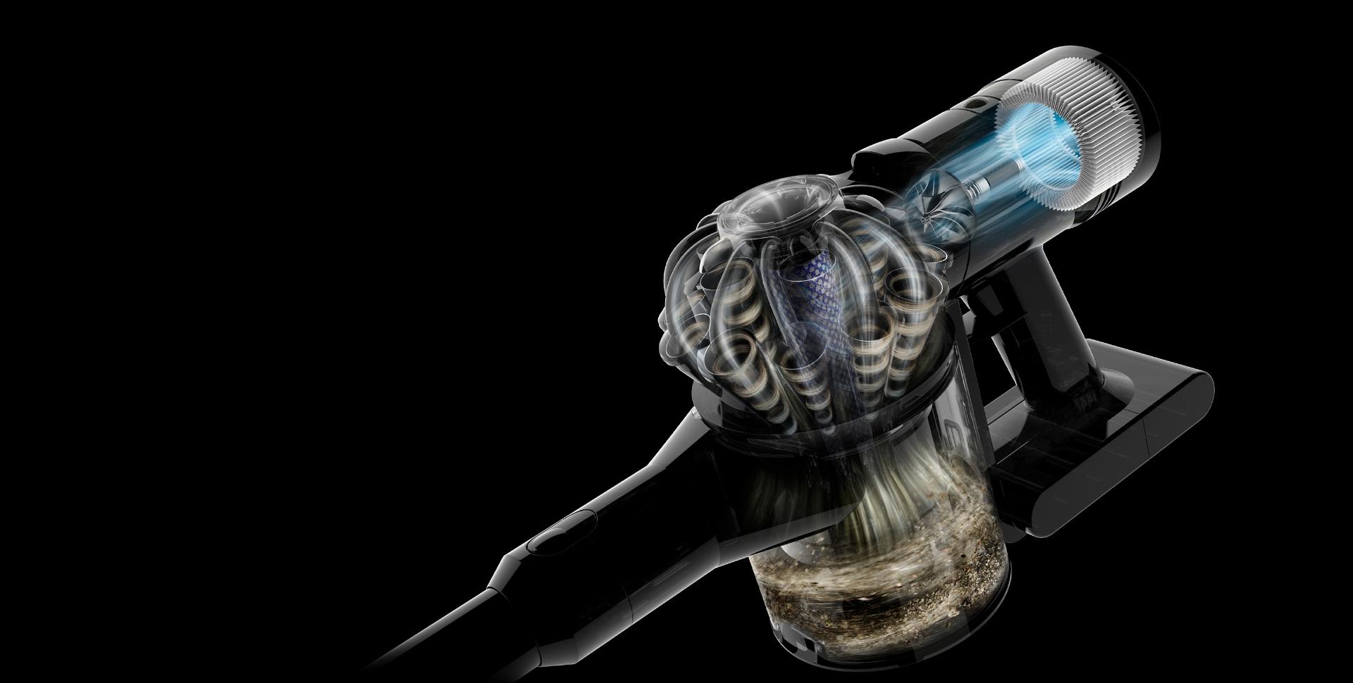 A cutaway of the Dyson V8 handheld, with blue illustrated airflow showing dust and debris moving through the machine to the back where clean air is expelled.
