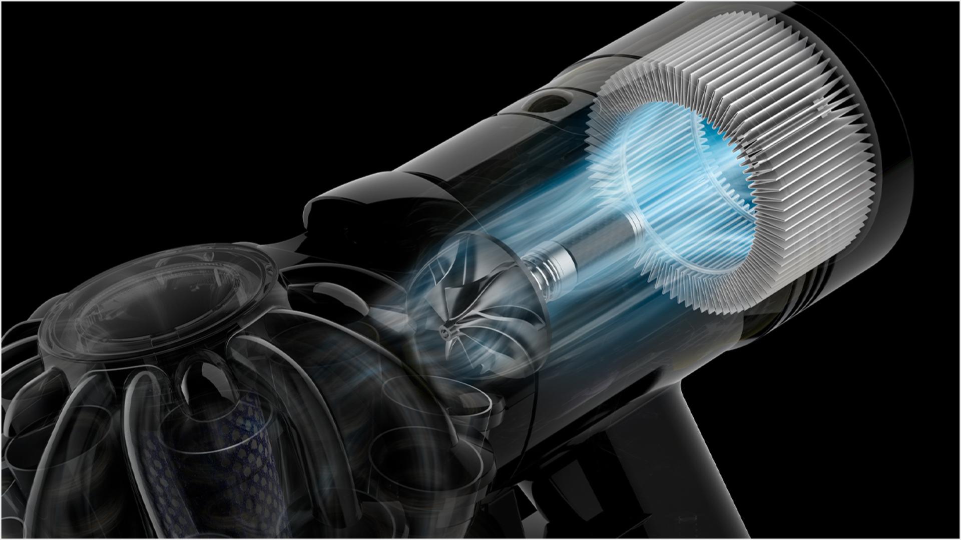 A cutaway of the side of a Dyson V8 Focus, with a blue and white illustration of inside the machine, showing how the motor spins.