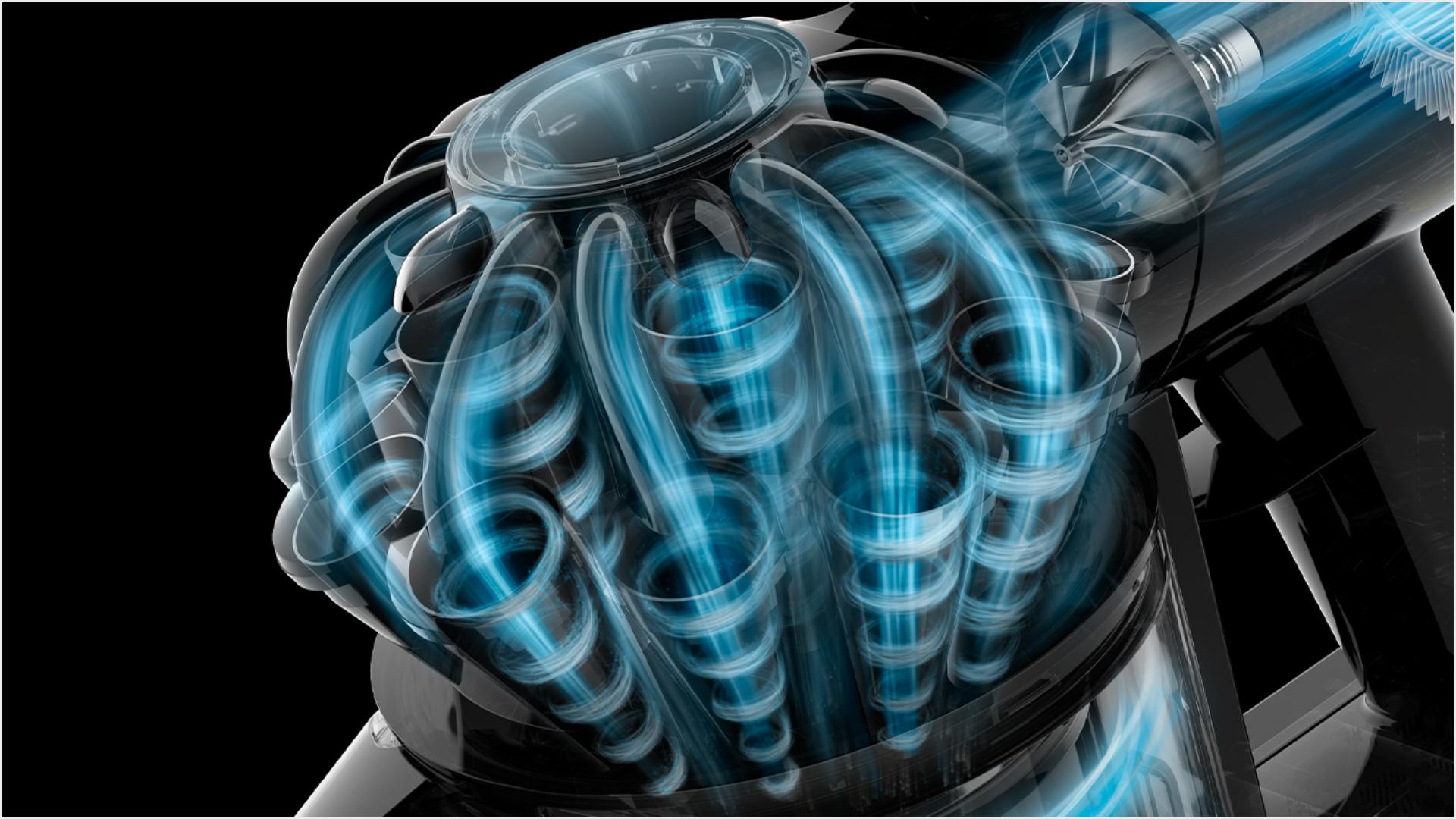 A cutaway of the side of a Dyson V8 Focus, with a blue illustration representing airflow the generated forces inside the machine.