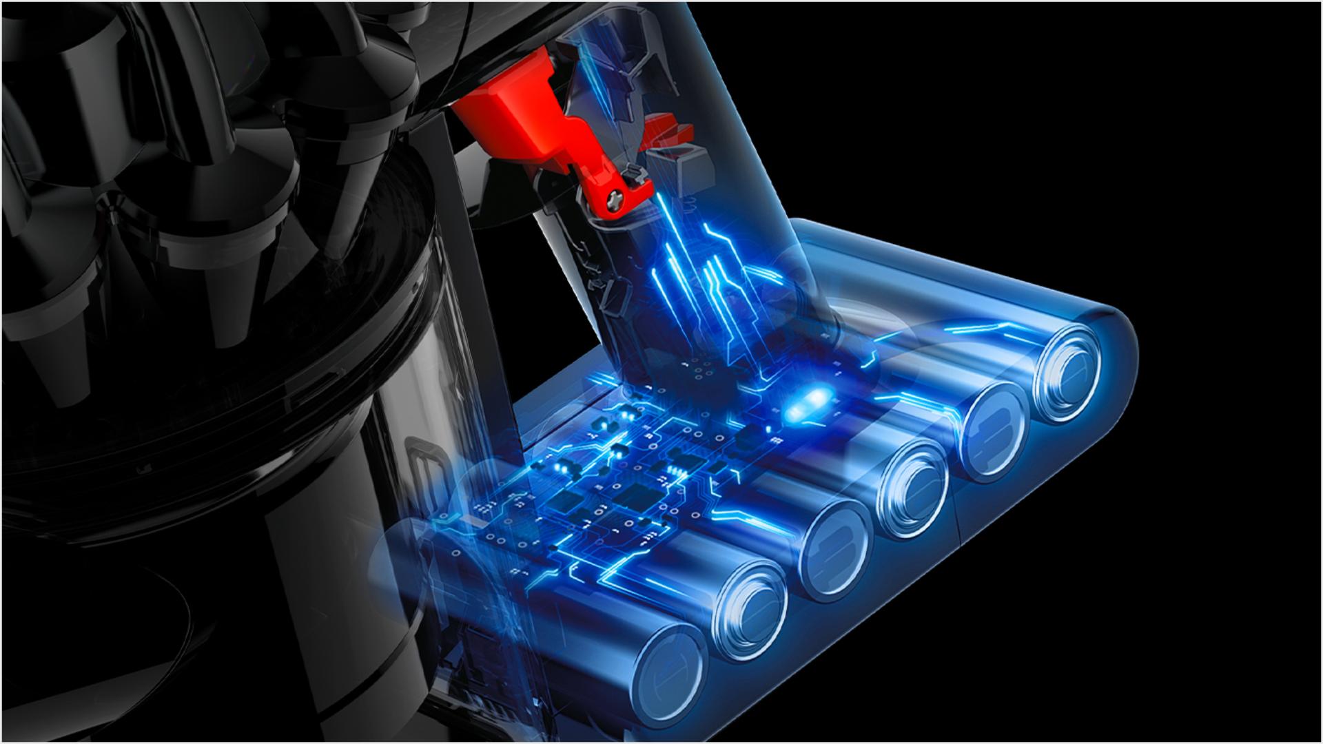 A cutaway of the battery pack inside the Dyson V8 Focus. The vivid blue illustration shows the cylindrical cells.