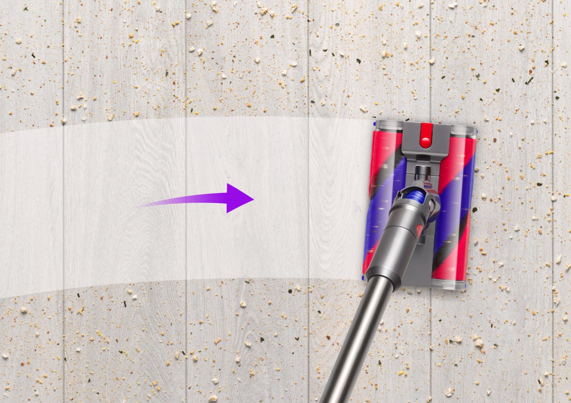 Máy hút bụi không dây Dyson Omni-glide 18 Diagram of Double Fluffy™ cleaner head movingright to left.