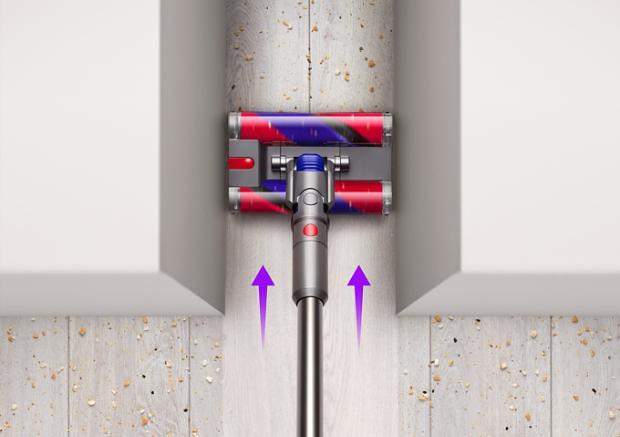 Diagram of Double Fluffy™ cleaner head cleaning in a narrow gap.