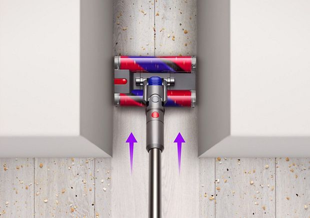 Diagram of Double Fluffy™ cleaner head cleaning in a narrow gap.