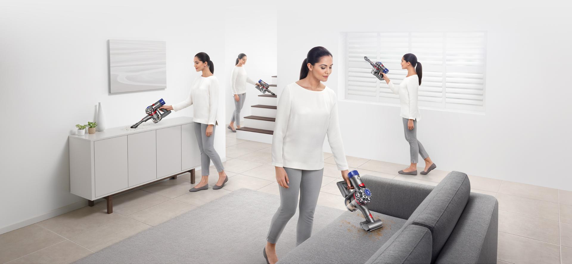 女士在家中三個不同情況下使用 Dyson V7 吸塵機