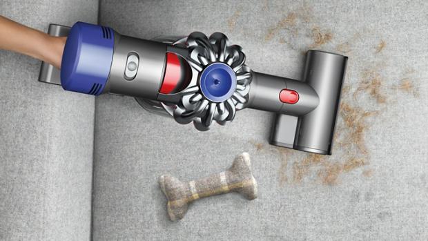 Dyson V7 手提吸塵機在寵物身後清理梳化