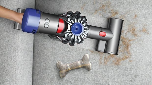 Dyson V7 手提吸塵機在寵物身後清理梳化