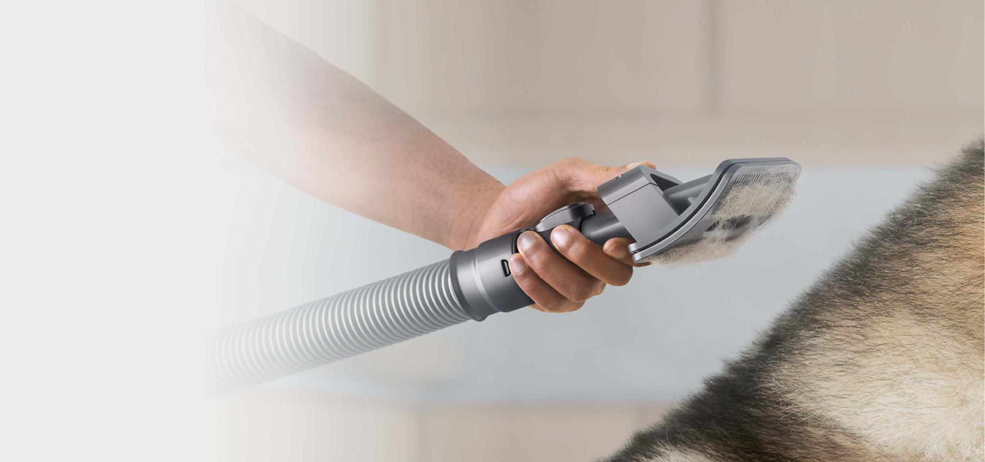 A hand is holding the Pet groom tool, attached to the XL extension hose, next to a long-haired dog. The tool has already captured a significant amount of hair in its bristles. 