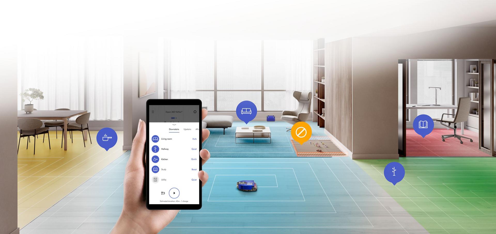 吸塵機械人分析客廳周圍環境的視圖,以及在 MyDyson™ 應用程式上顯示不同房間的程式屏幕。
