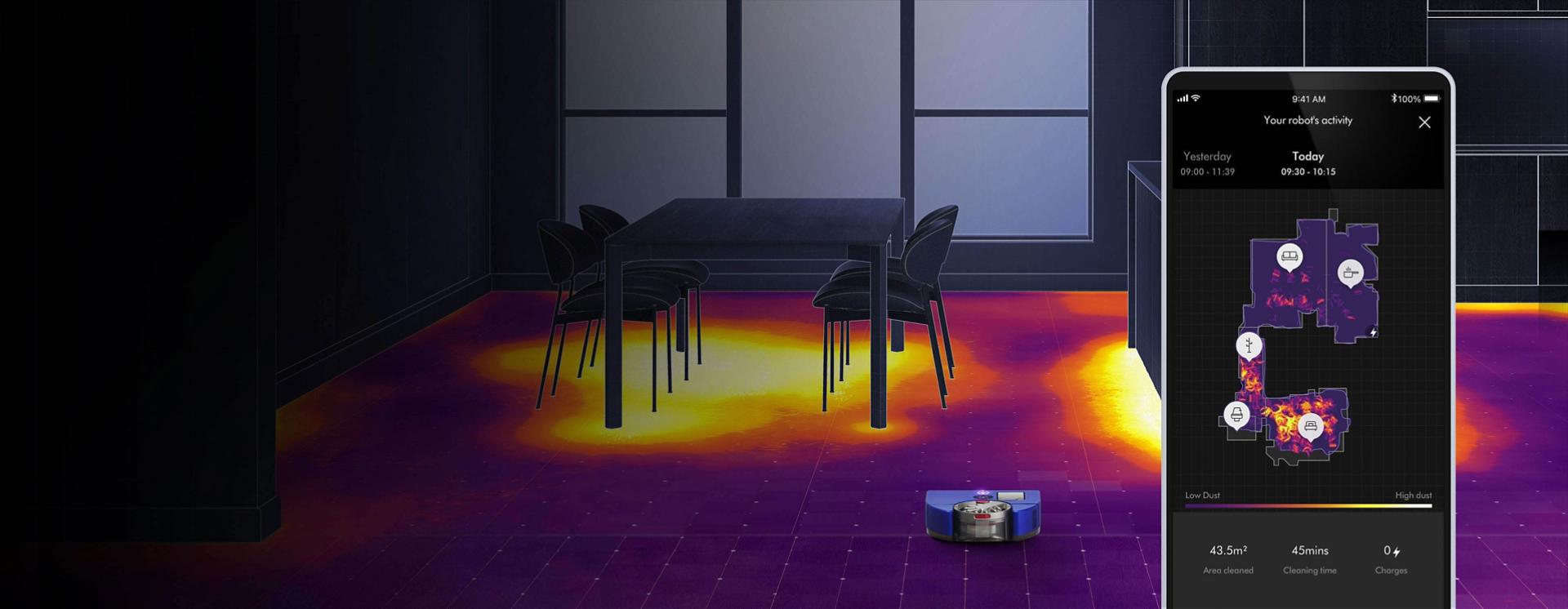 吸塵機械人確認客廳周圍塵垢熱點的視圖,並加上滑塊,以不同顏色顯示低塵量至高塵量的位置。