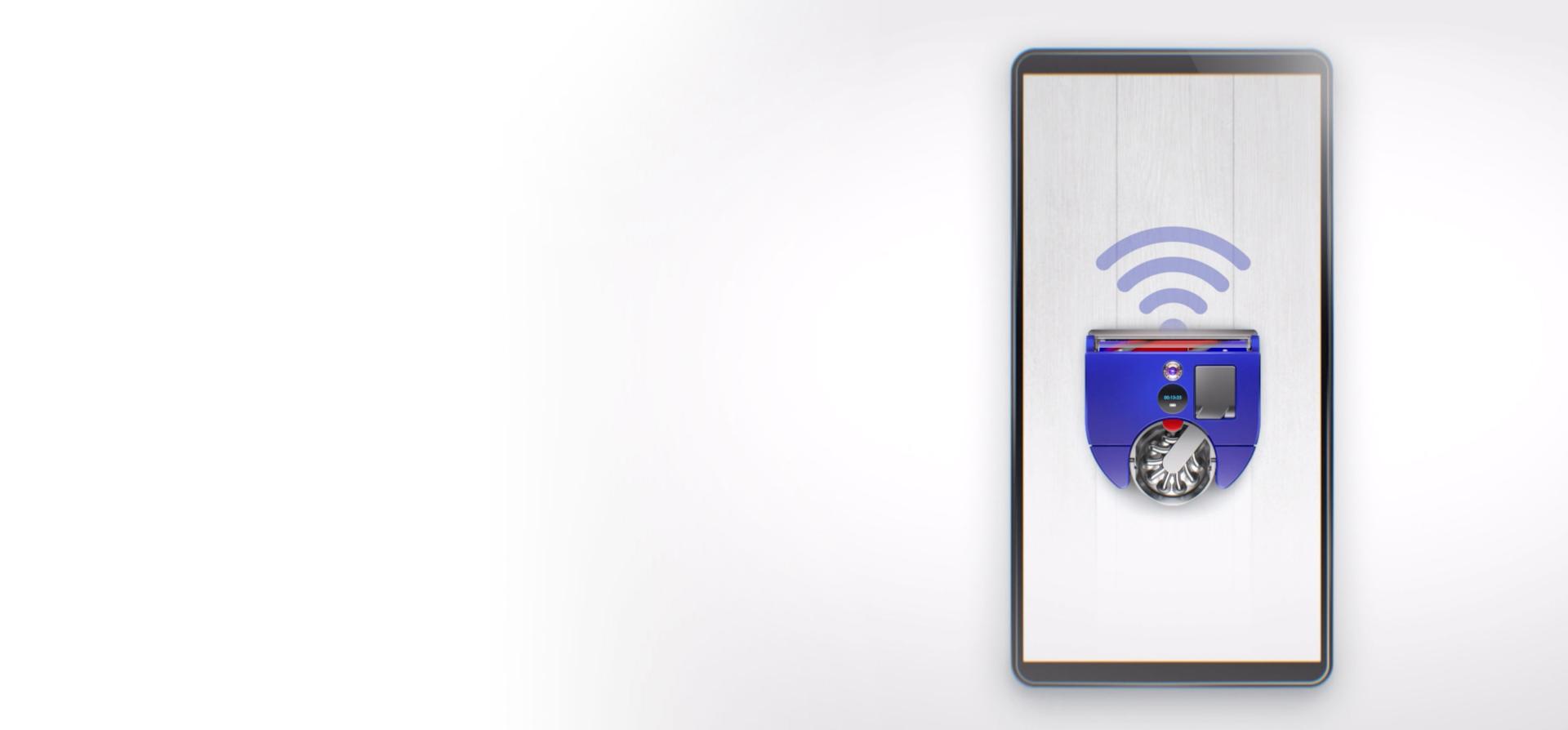 智能電話上的 MyDyson™ 應用程式特寫圖,背景為咖啡店。