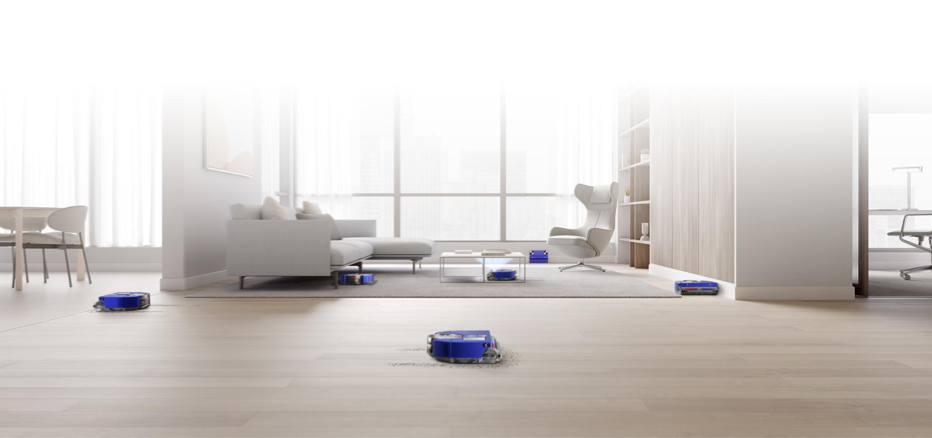 يقوم روبوت Dyson 360 Vis Nav بتنظيف مناطق متعددة في غرفة المعيشة