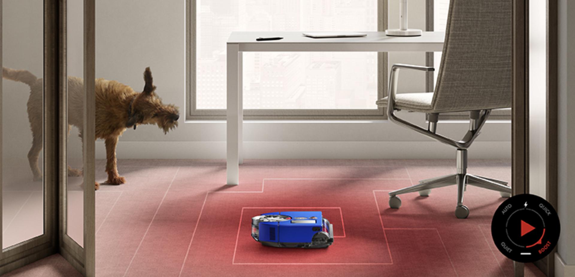 The robot vacuum cleaning an area where a pet is shaking fur