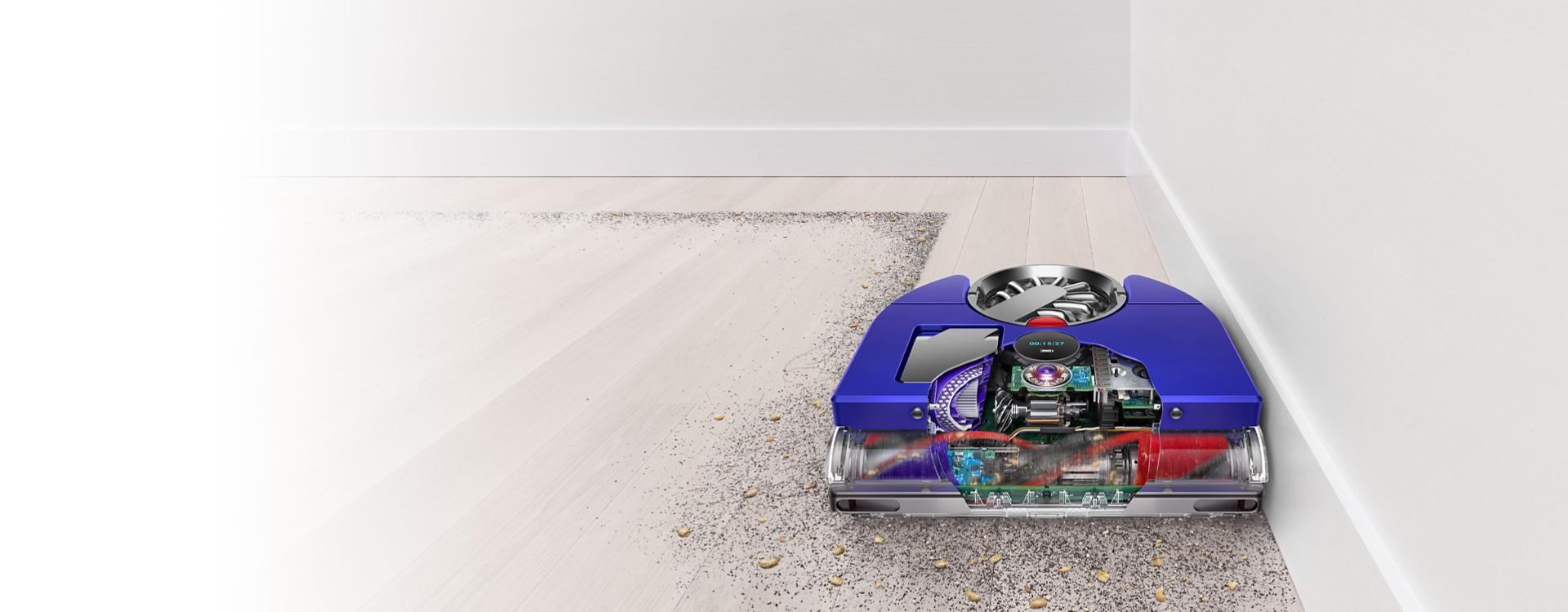 Dyson 360 Vis Nav robot cleaning into the corner of a room.