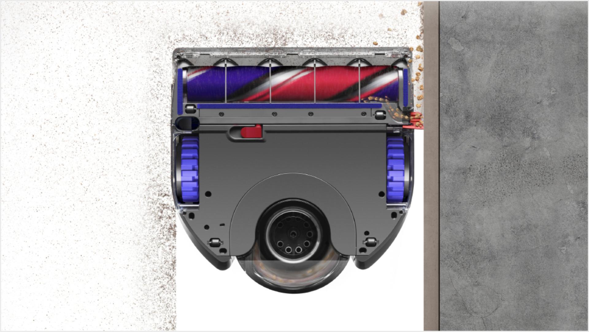 Underside view of the Dyson 360 Vis Nav robot, showing the brush bar