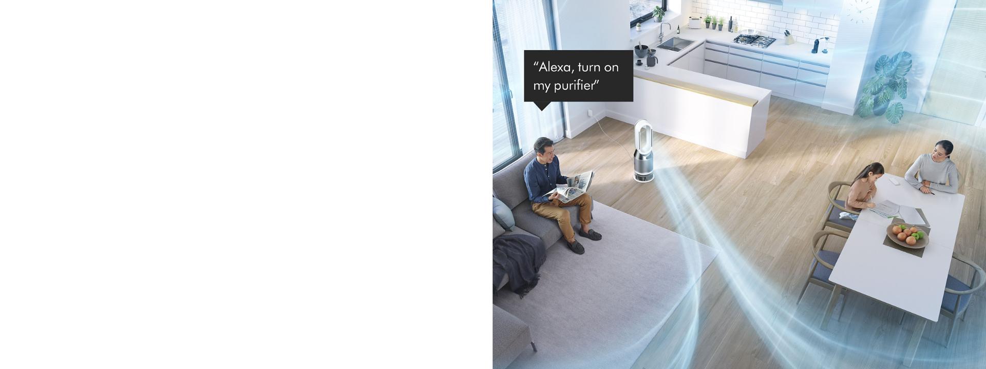 Man on a sofa asking Dyson purifier to purify a room.