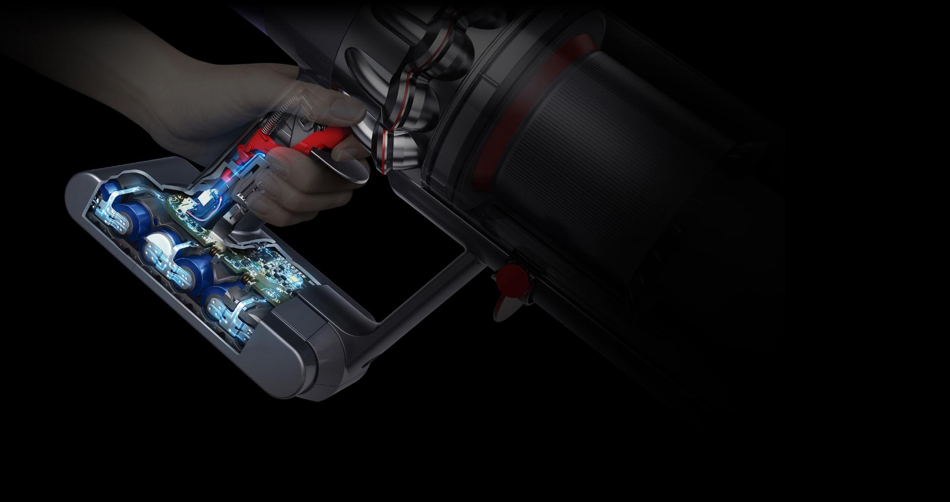 Cutaway diagram of Dyson V11™ vacuum trigger and battery