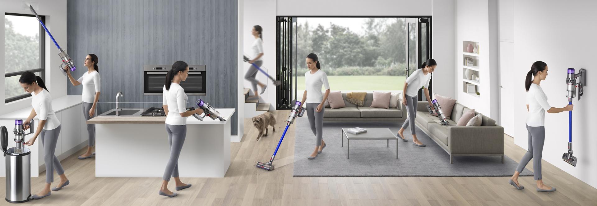 Woman vacuuming in different places around a home