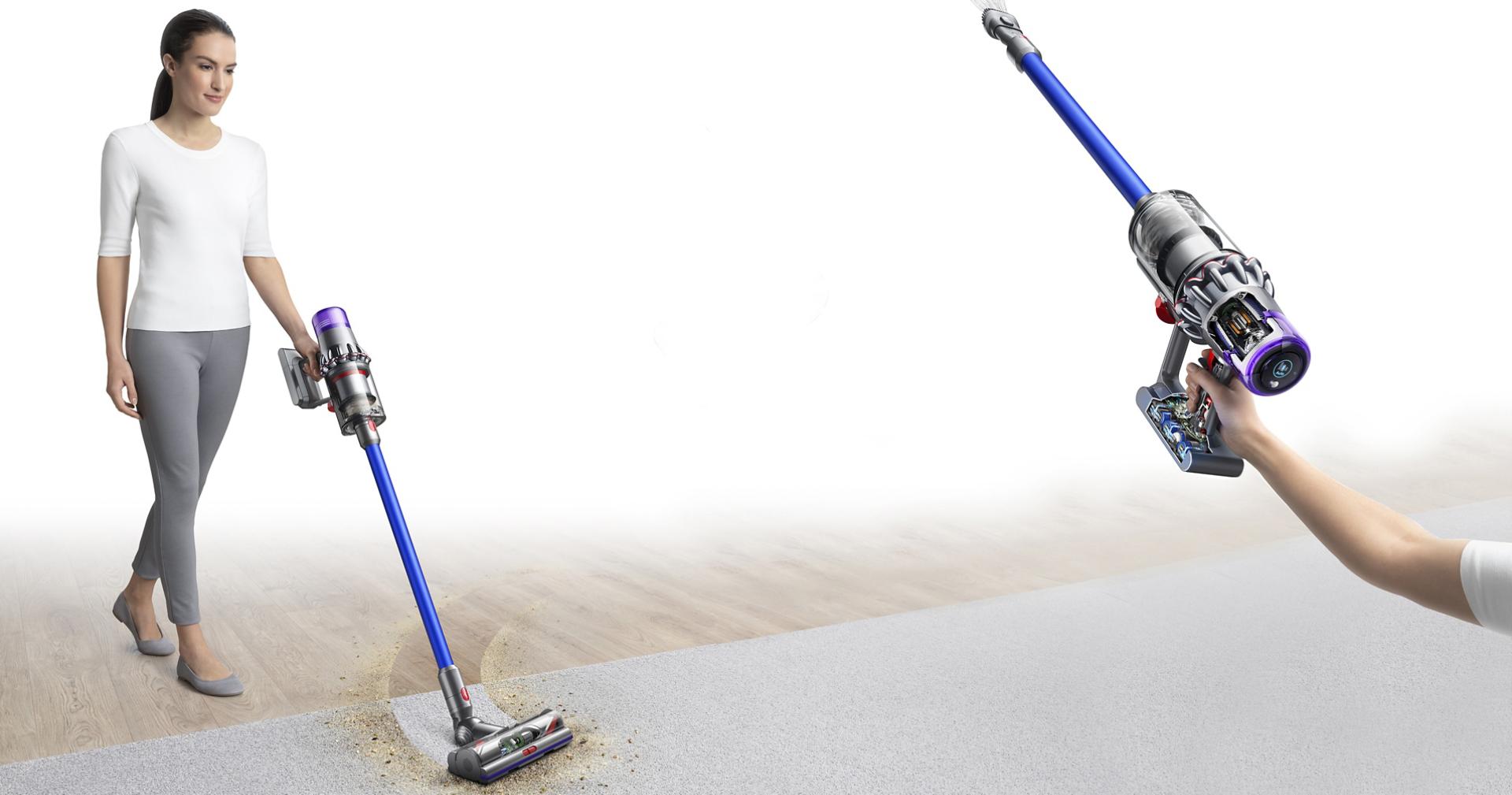 Woman with Dyson V11™ vacuum cleaning floor and ceiling