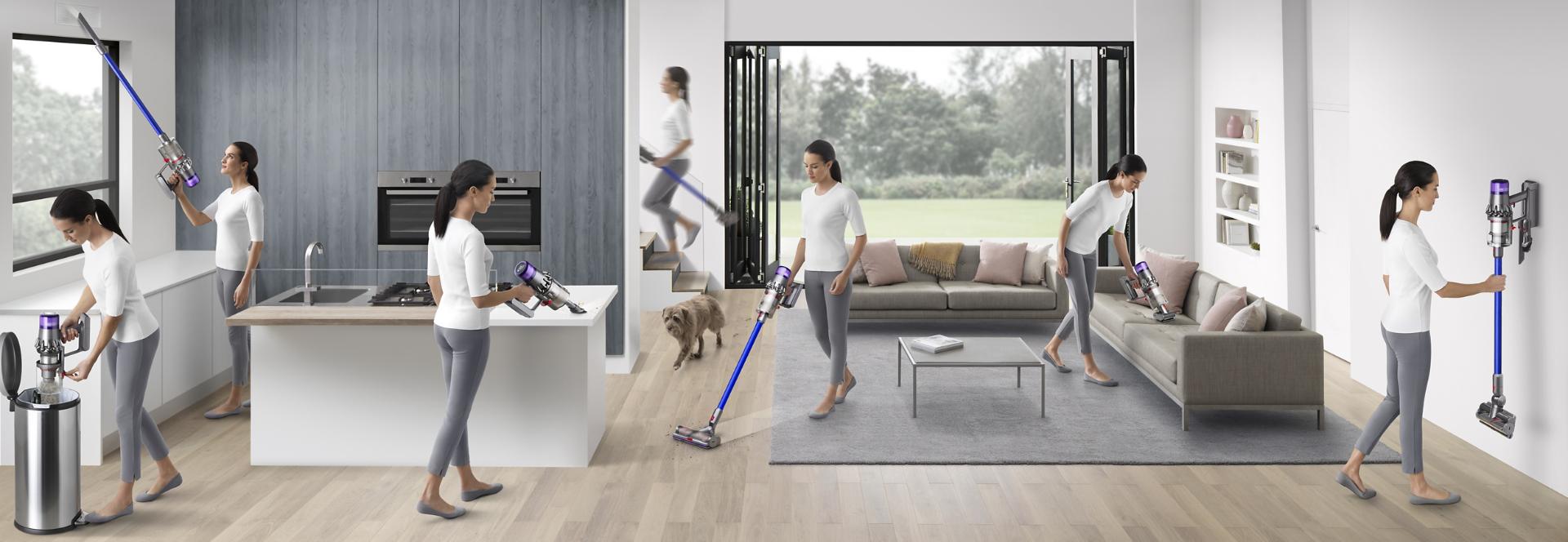 Woman vacuuming in different places around a home