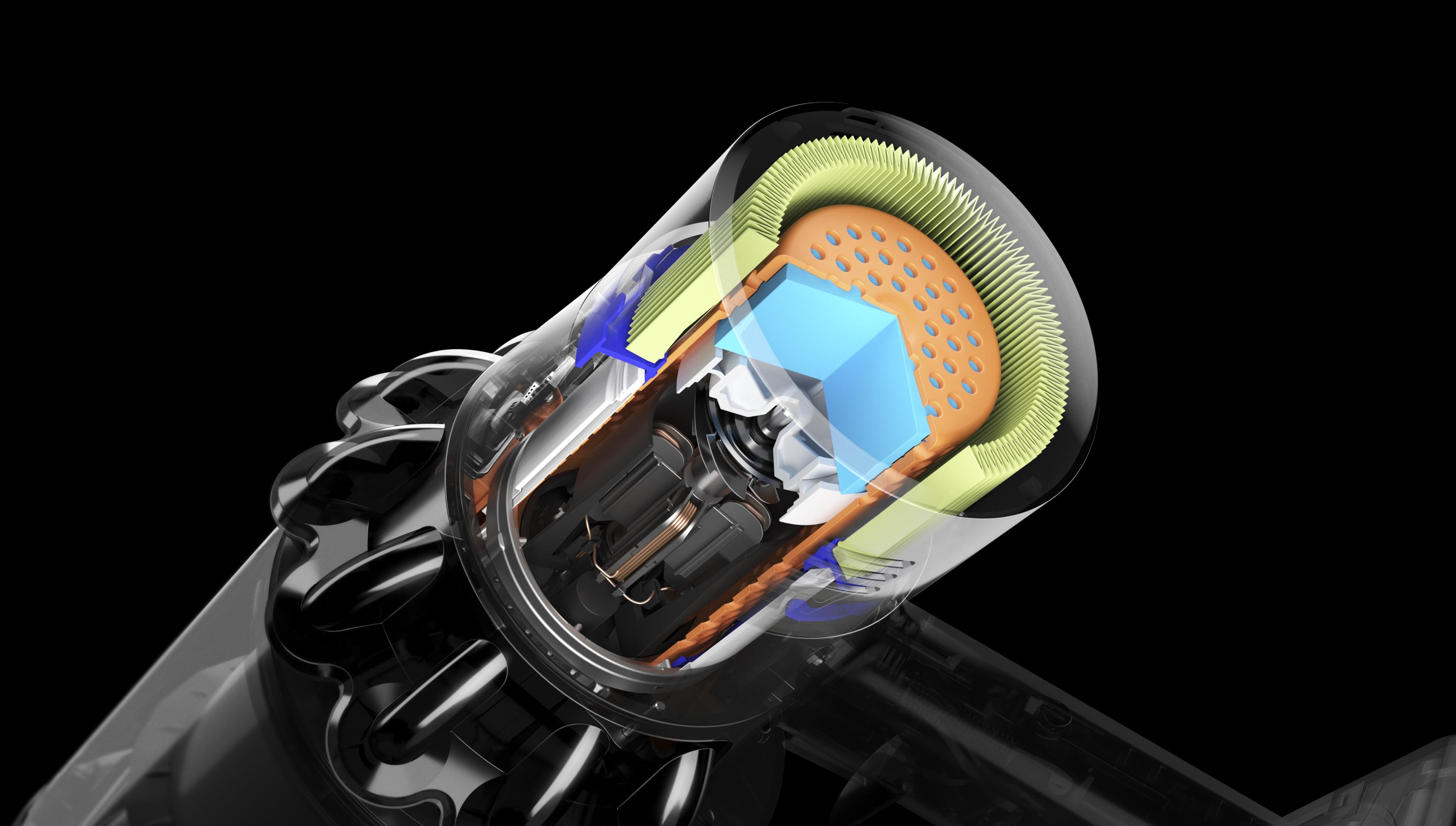 Cutaway of Dyson V11™ vacuum filter showing soundproofing