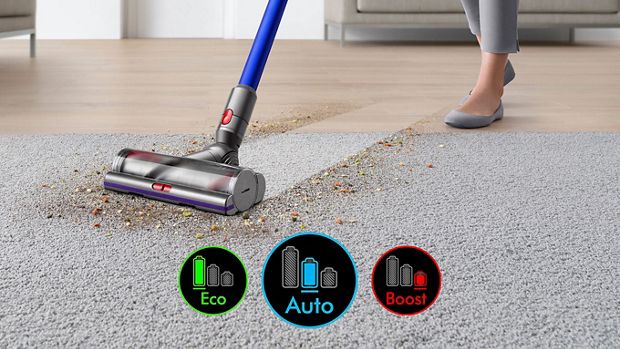 Cleaner head on carpet with image of screen showing three power modes