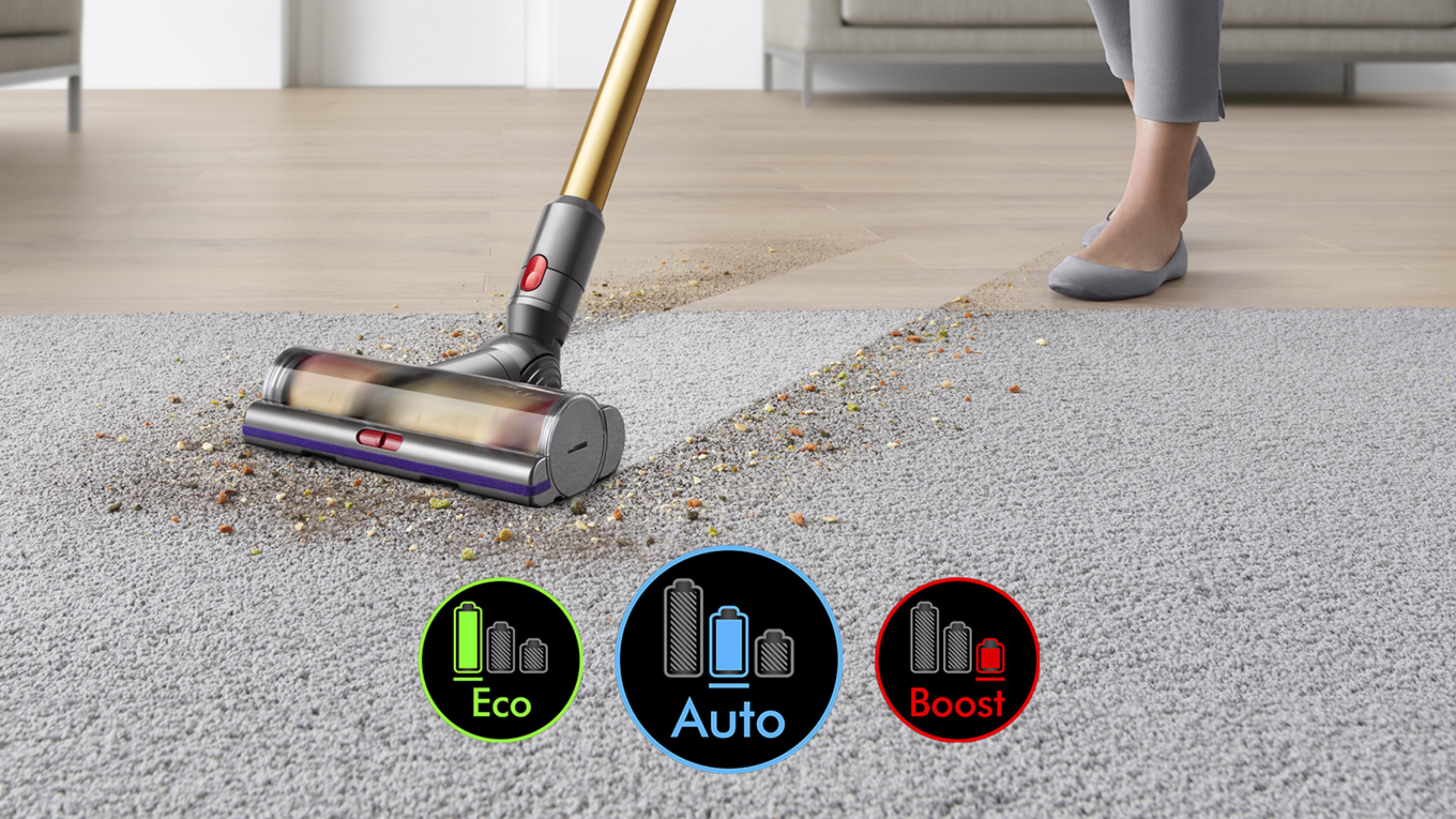 Cleaner head on carpet with image of screen showing three power modes