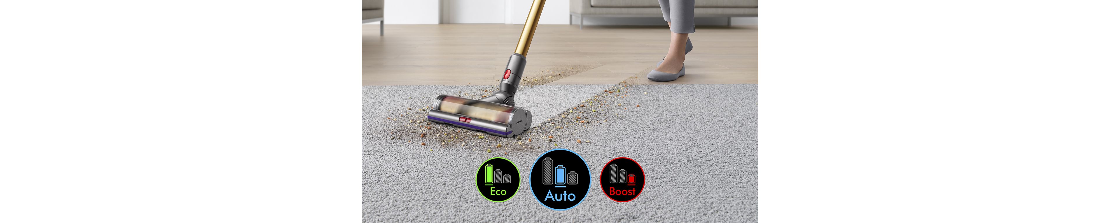 Cleaner head on carpet with image of screen showing three power modes
