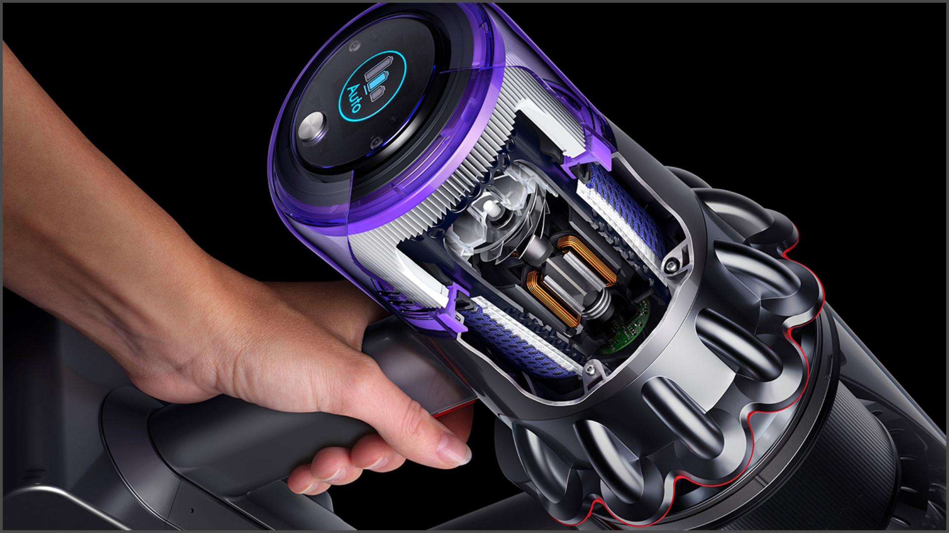 Dyson V11™ tolmuimeja päästiku ja aku läbilõikeskeem