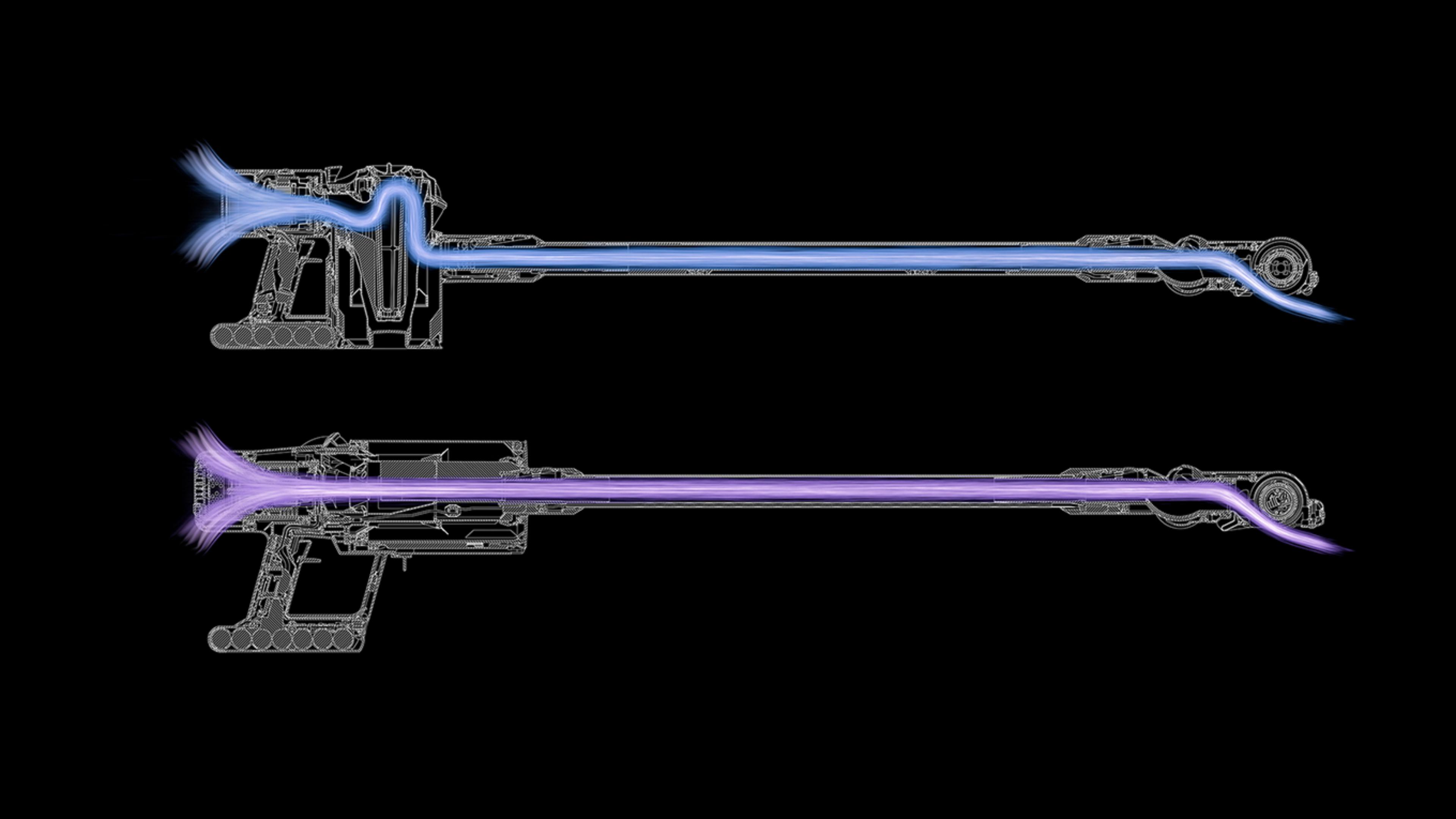 Diagramă indicând fluxul de aer în linie dreaptă prin aspiratorul Dyson V11™ și fluxul de aer printr-un aspirator Dyson V8