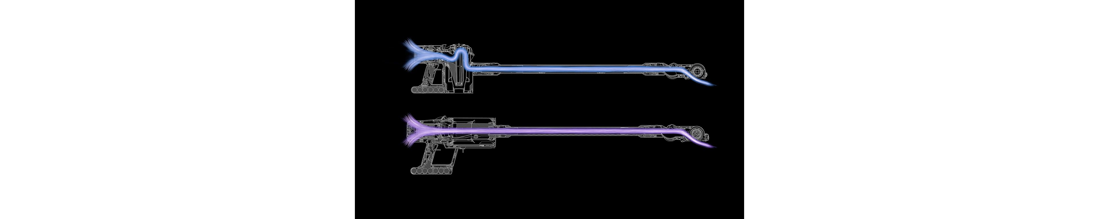 Dyson V11 side by side with a Dyson V8 to illustrate the in-line configuration