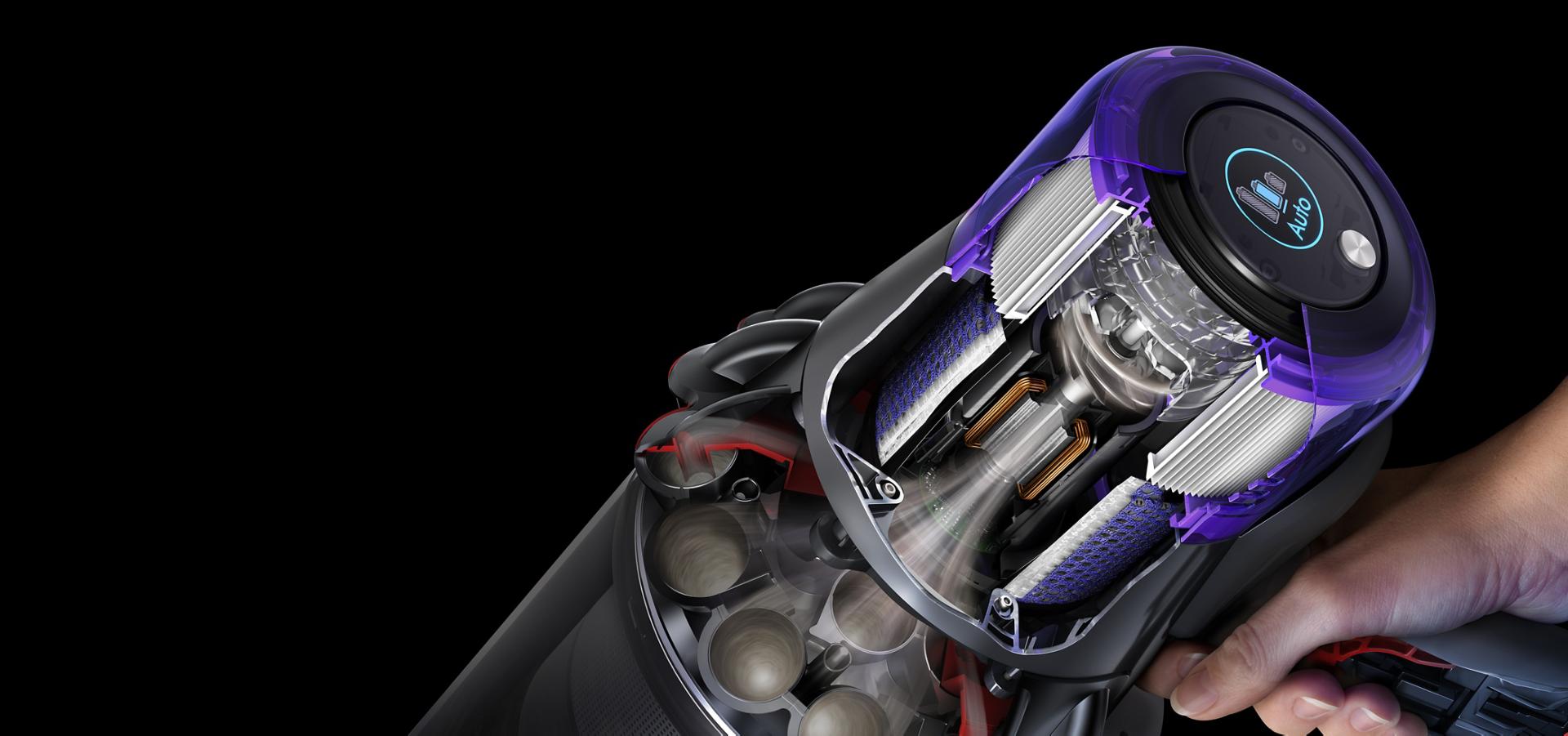 A cutaway showing the Dyson V11 Outsize vacuum's motor