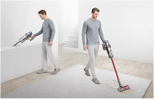 Man vacuuming in different places around a home
