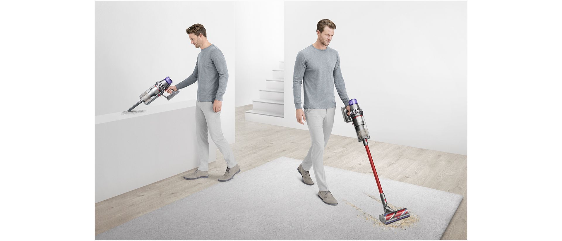 Man vacuuming in different places around a home