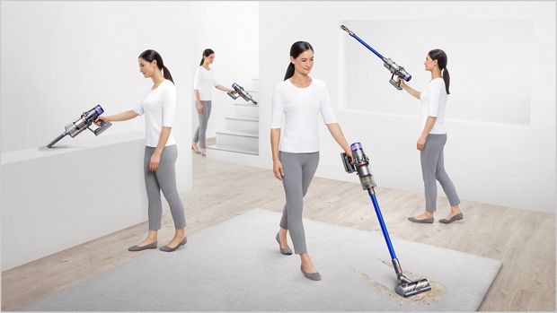 Woman vacuuming in different places around a home