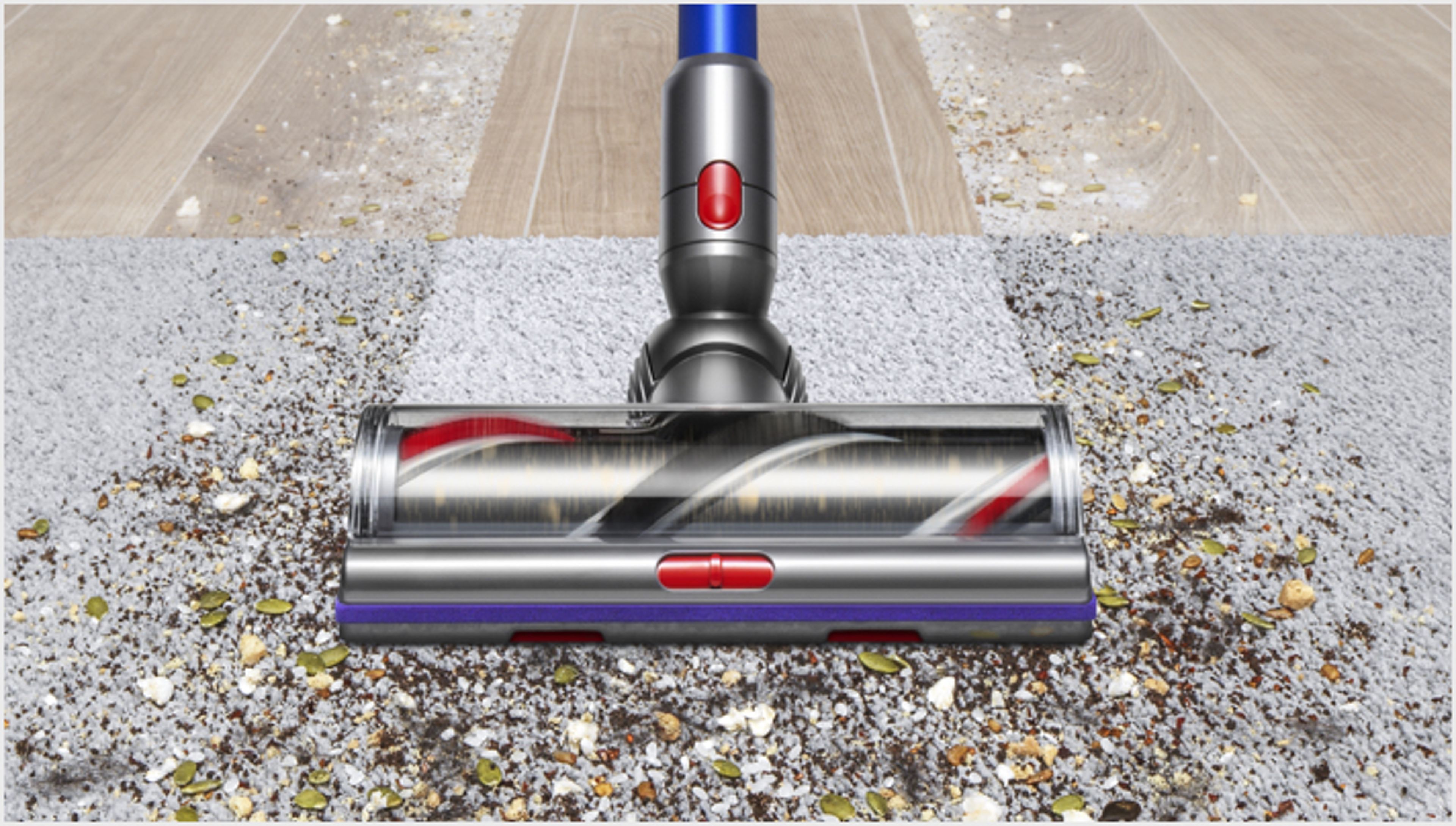 Cleaner head on carpet with image of screen showing three power modes