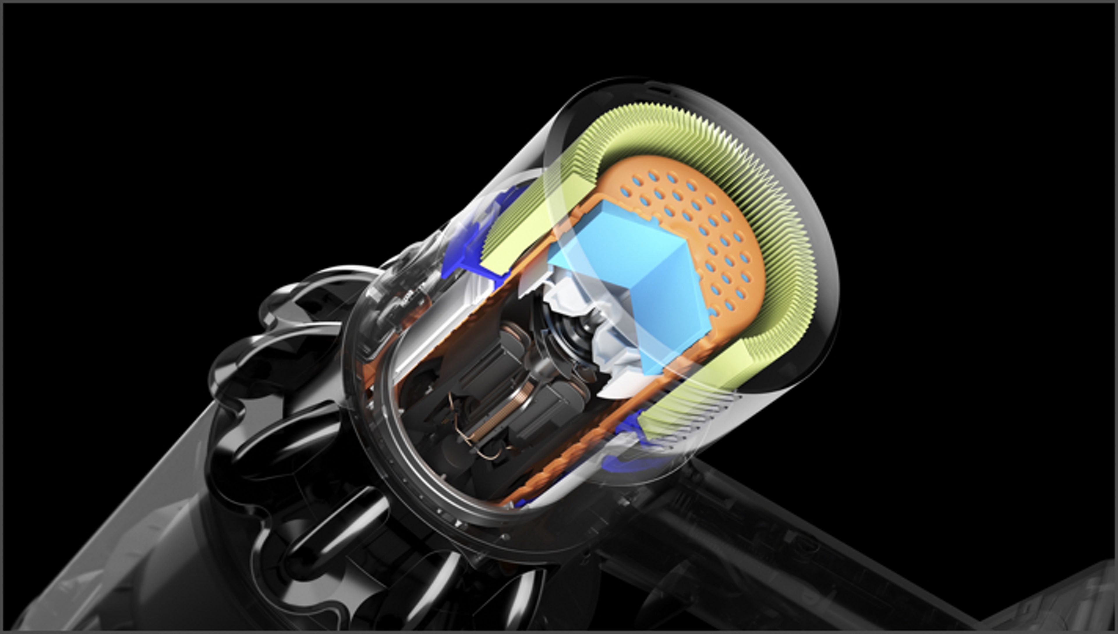 Cutaway of Dyson V11™ vacuum filter showing soundproofing