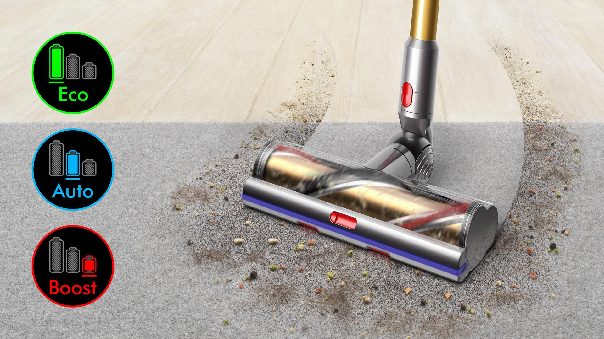 Cleaner head on carpet with image of screen showing three power modes