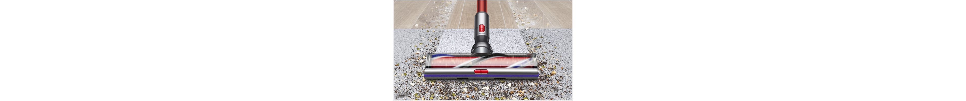 Cleaner head on carpet with image of screen showing three power modes