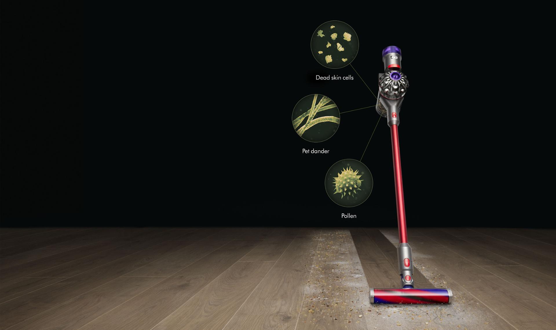 Dyson V8 Slim cleaning cleaning dust from a hard floor