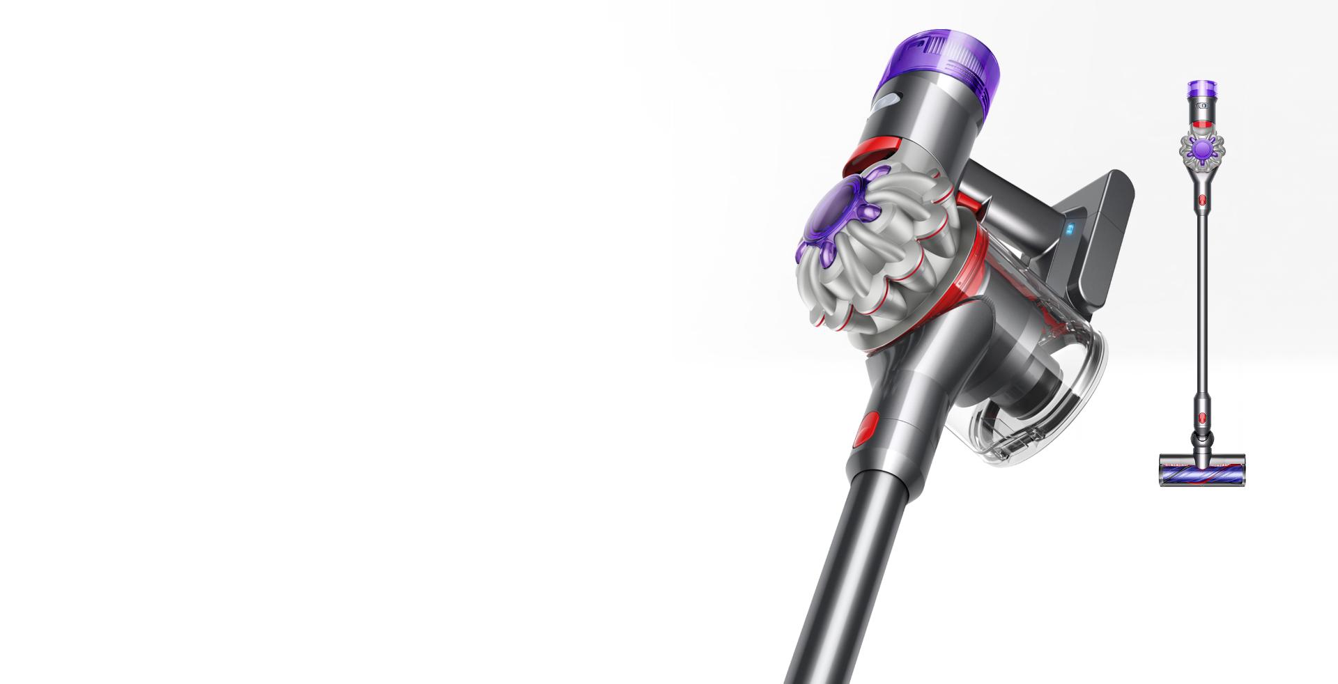 Dyson V8 vacuum shown in both full view and close-up.