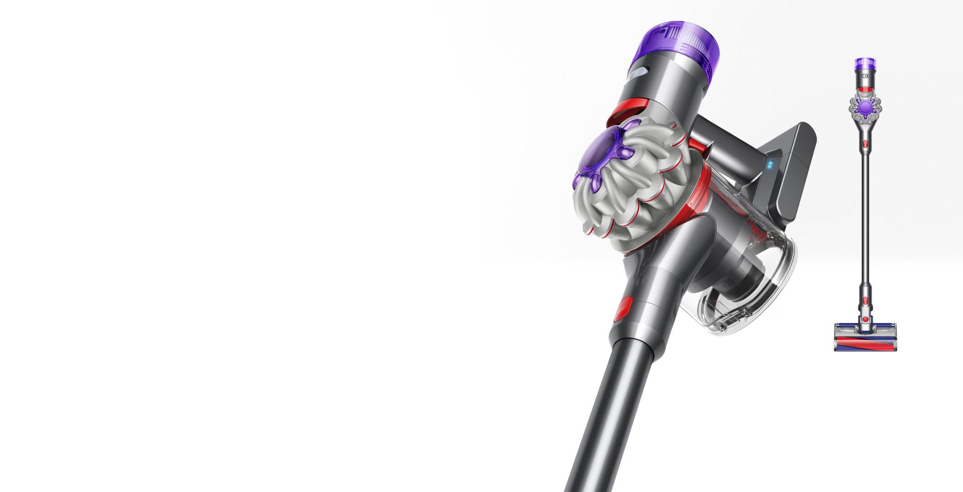 Dyson V8 vacuum shown in both full view and close-up.