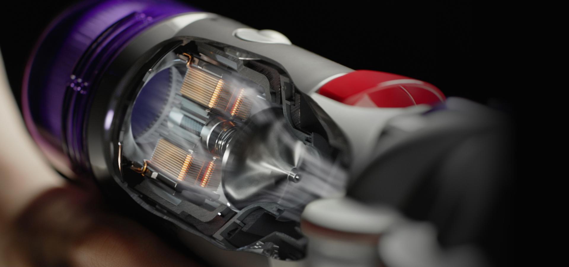 لقطة توضيحية لتدفق الهواء القوي لمكنسة Dyson V8