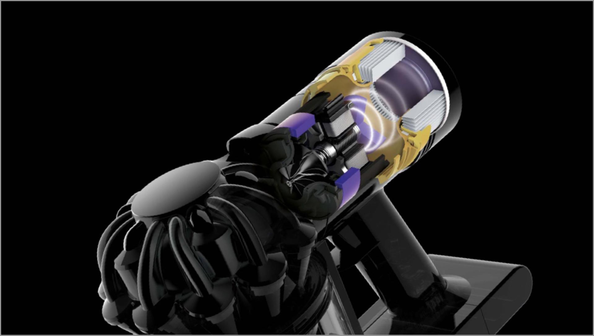 Cutaway of Dyson V7 Advanced vacuum's accoustic baffling